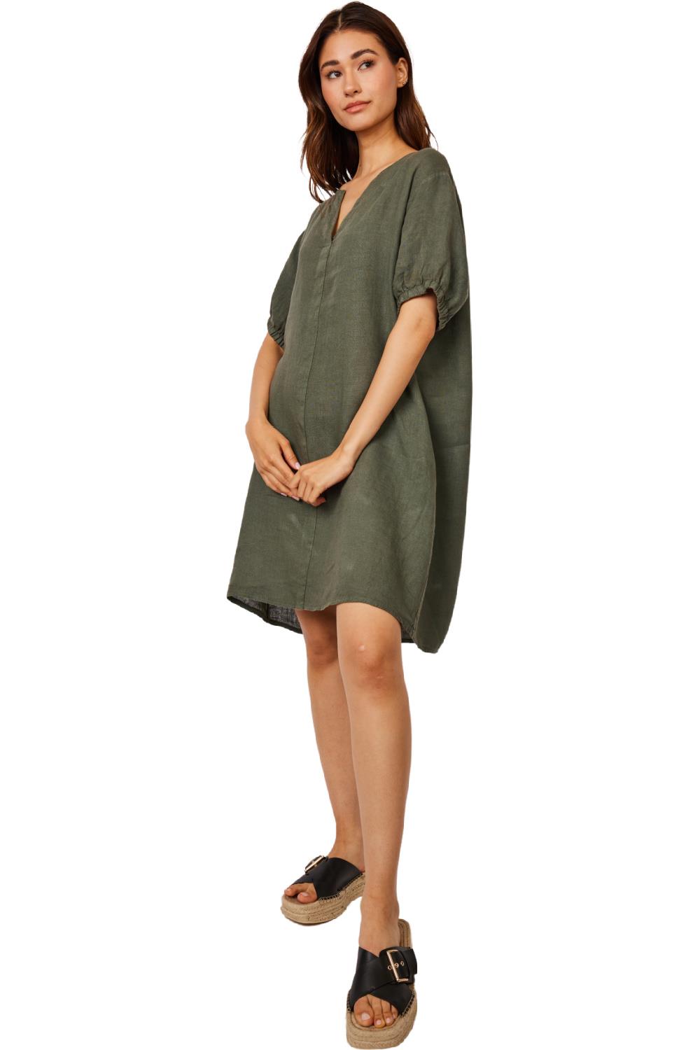 Pistache - Bunched Top Linen Dress - Safari