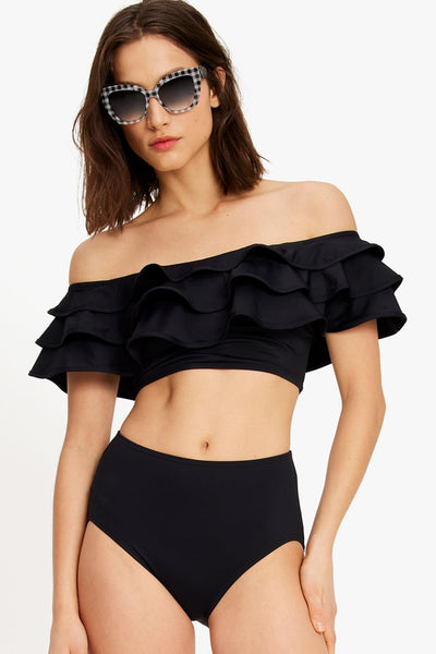 Kate Spade Ruffle Off-the-shoulder Swim Bikini Top, Black (S8C478)