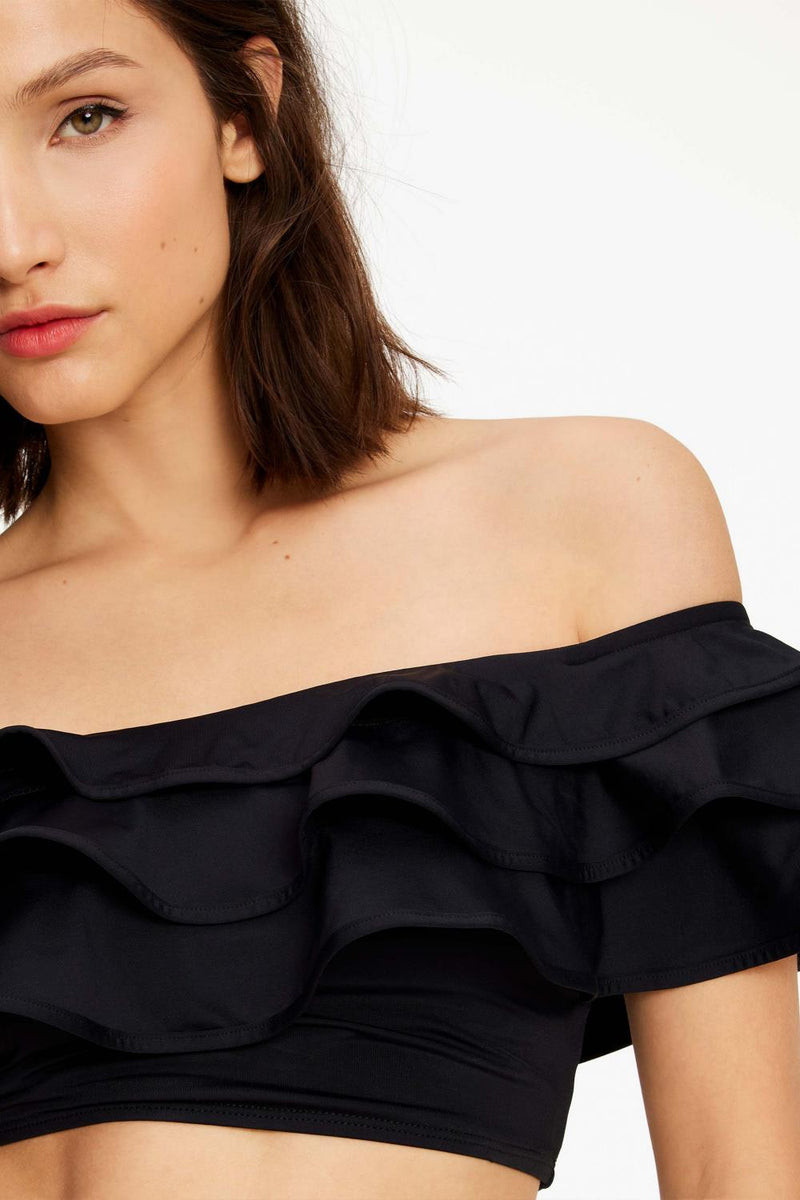 Kate Spade Ruffle Off-the-shoulder Swim Bikini Top, Black (S8C478)