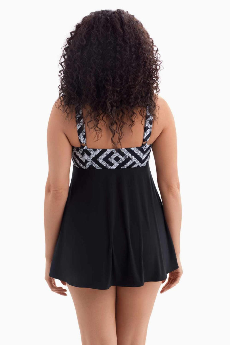 Longitude Amazing Long Torso Crossover Plunge Swimdress, Black/White (684121)