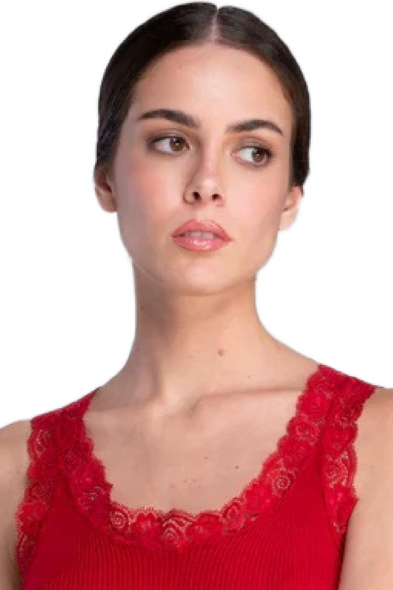 Oscalito Wool and Silk tank top with Leavers lace, Red (3410)