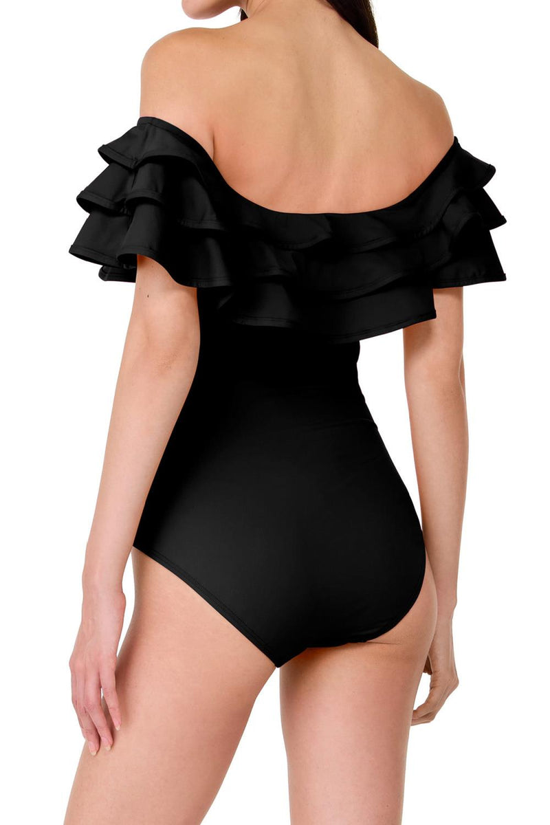 Kate Spade Ruffle Off-the-shoulder One Piece Swimsuit, Black (S8C216)