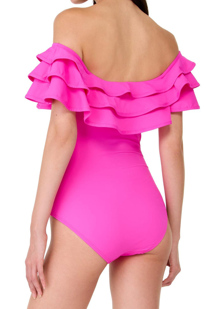 Kate Spade Ruffle Off-the-shoulder One Piece Swimsuit, Vivid Snapdragon (S8C216)