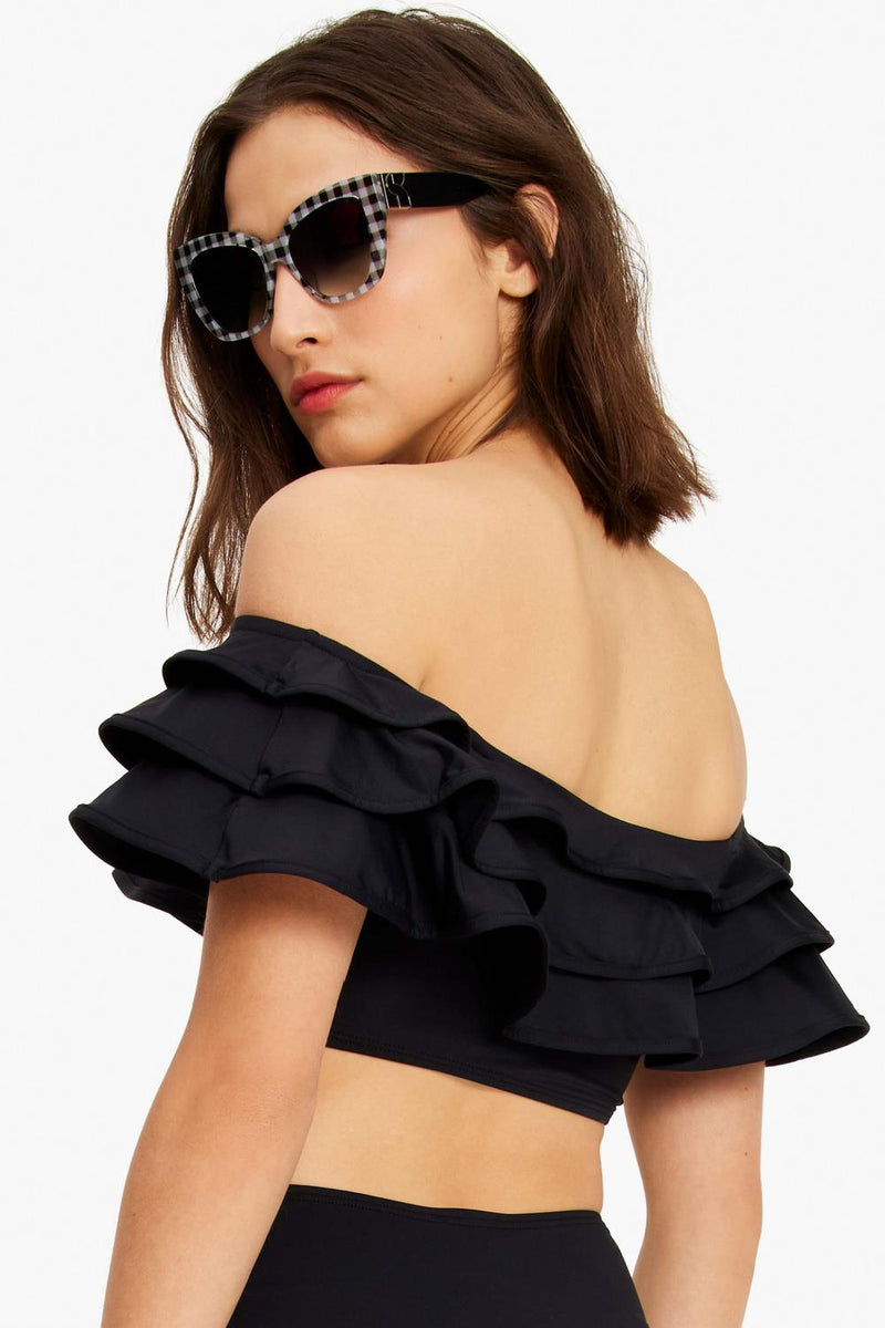 Kate Spade Ruffle Off-the-shoulder Swim Bikini Top, Black (S8C478)