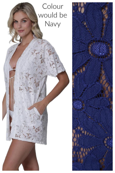 J. Valdi Floral Crochet Front Open Kimono, Navy (J27465)