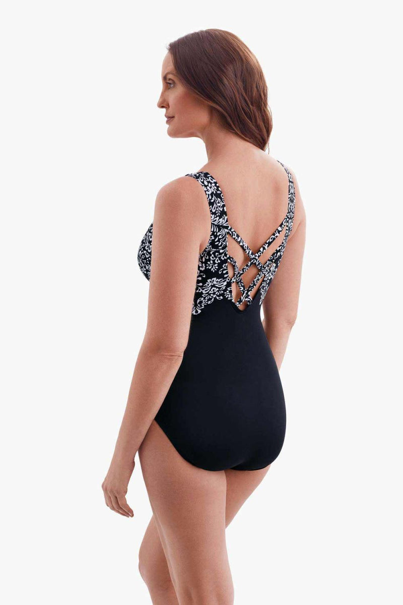 Longitude Garland Edge Long Torso Double X Back One Piece Swimsuit, Black/White (685111)