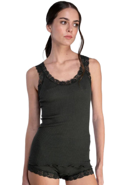 Oscalito Wool and Silk tank top with Leavers lace, Bosco (3410)