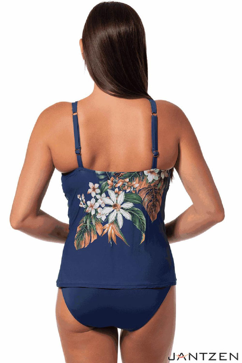 Jantzen Palm Delight Audrey Drape Tankini Top, Panteon Blue (JZ25282T)