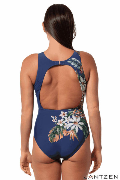 Jantzen Palm Delight Farrah High Neck One Piece Swimsuit, Panteon Blue (JZ25286M)