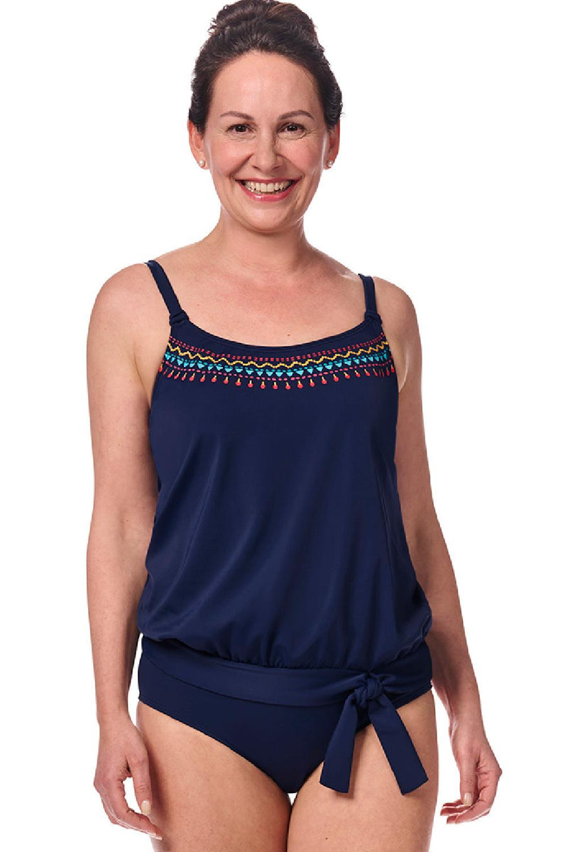 Amoena Thassos Mastectomy Blouson Tankini Top, Navy/Multi (71743)