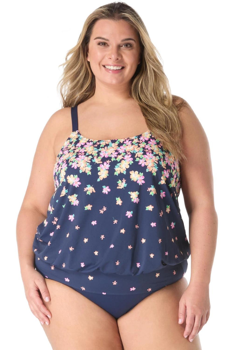 Beach House Plus Floral Rain Sarah Blouson Tankini Top, Admiral (HW4E120)