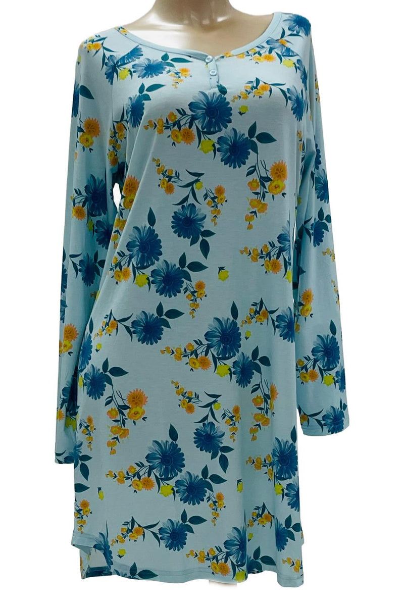 Cool Girl Blue Bells & Bliss Long Sleeve Night Shirt, Blue Floral (225201)