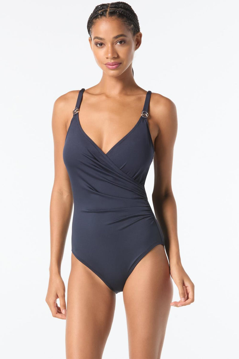 Michael Kors Logo Trim Surplice One Piece Swimsuit, Blue (MM7M759)