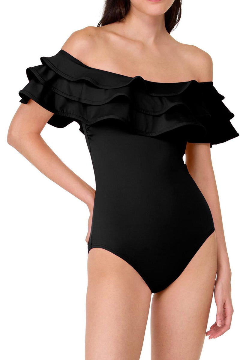 Kate Spade Ruffle Off-the-shoulder One Piece Swimsuit, Black (S8C216)