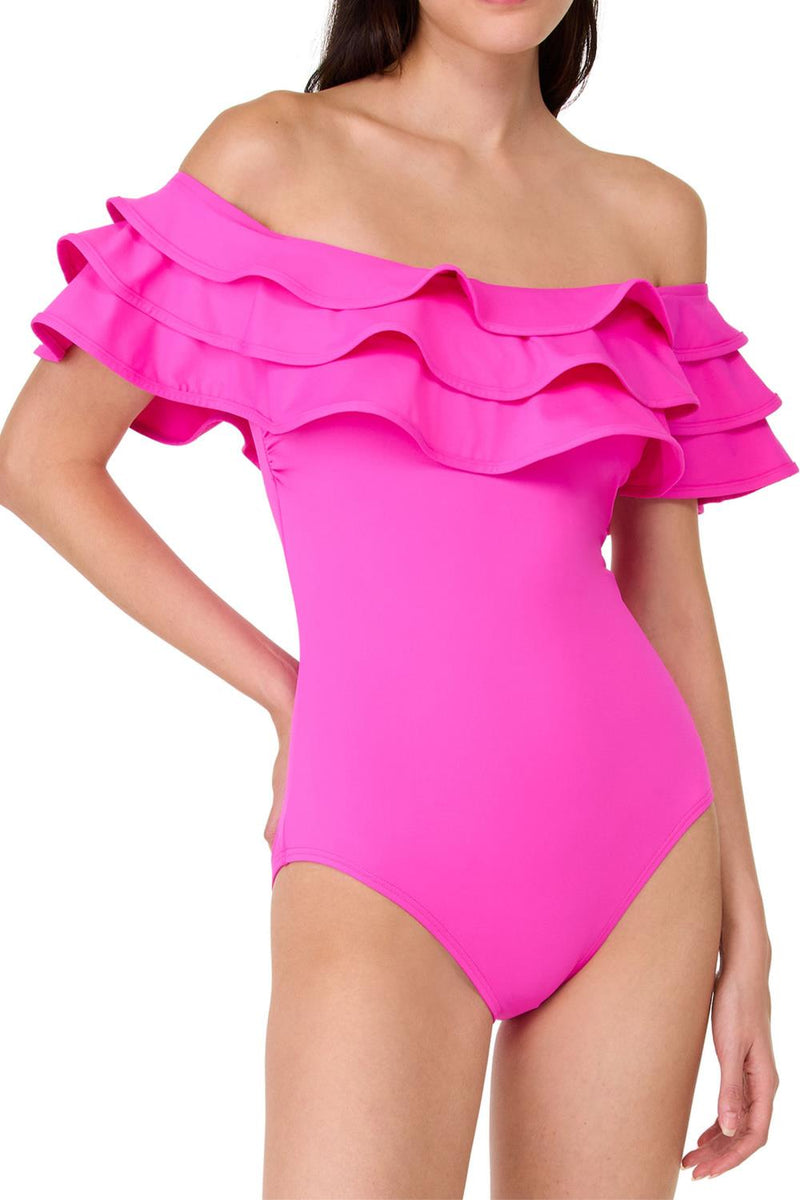 Kate Spade Ruffle Off-the-shoulder One Piece Swimsuit, Vivid Snapdragon (S8C216)