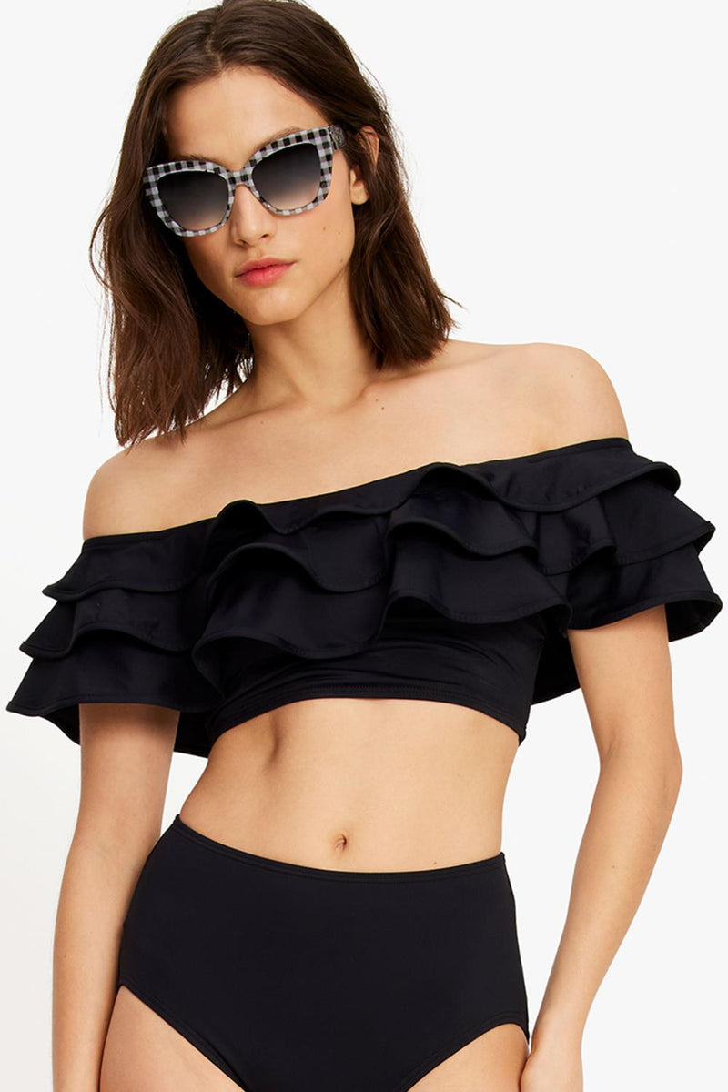 Kate Spade Ruffle Off-the-shoulder Swim Bikini Top, Black (S8C478)