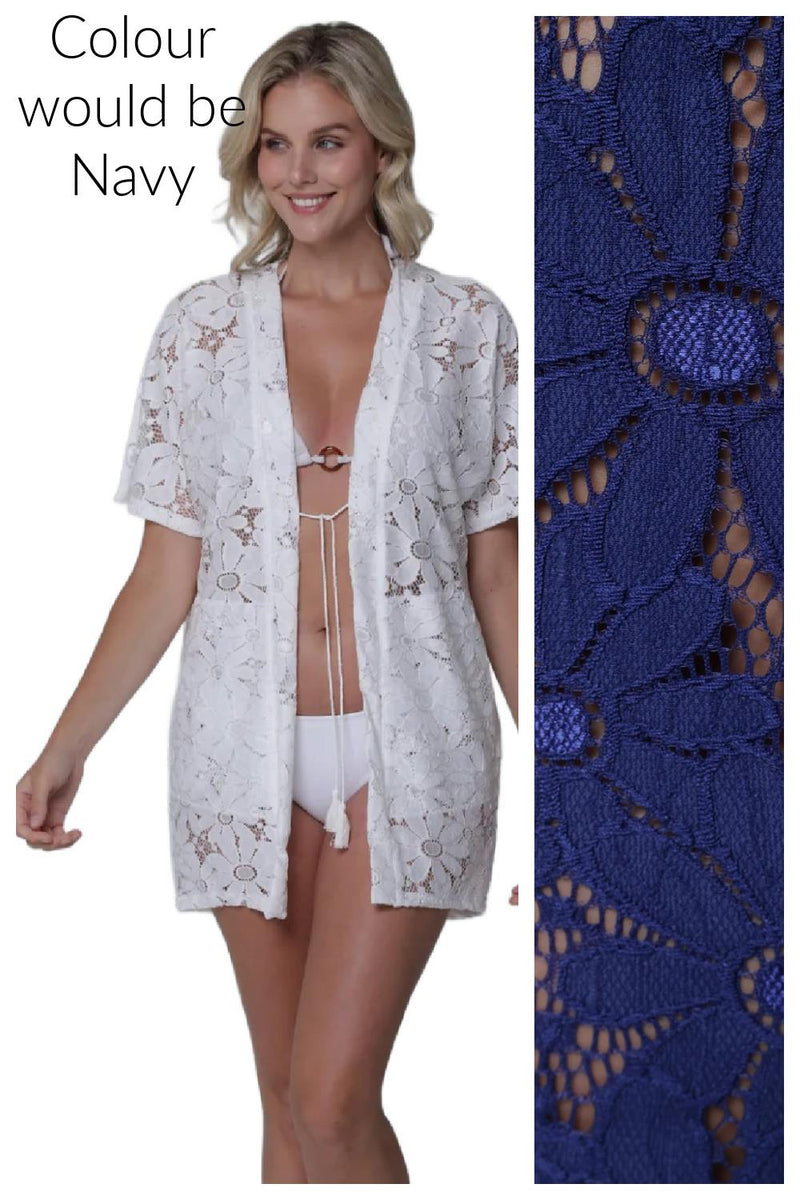 J. Valdi Floral Crochet Front Open Kimono, Navy (J27465)