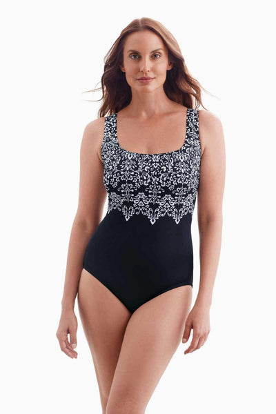 Longitude Garland Edge Long Torso Double X Back One Piece Swimsuit, Black/White (685111)