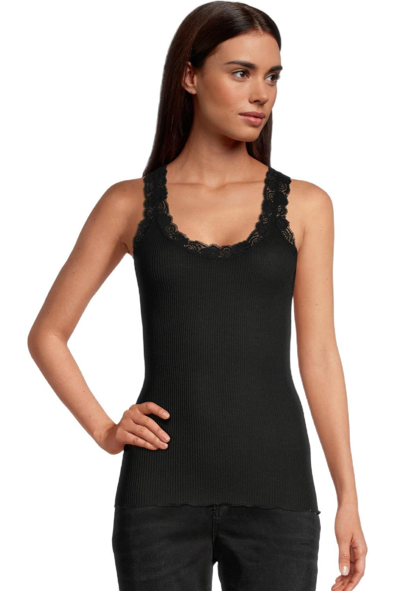 Oscalito Wool and Silk tank top with Leavers lace, Black (3410)