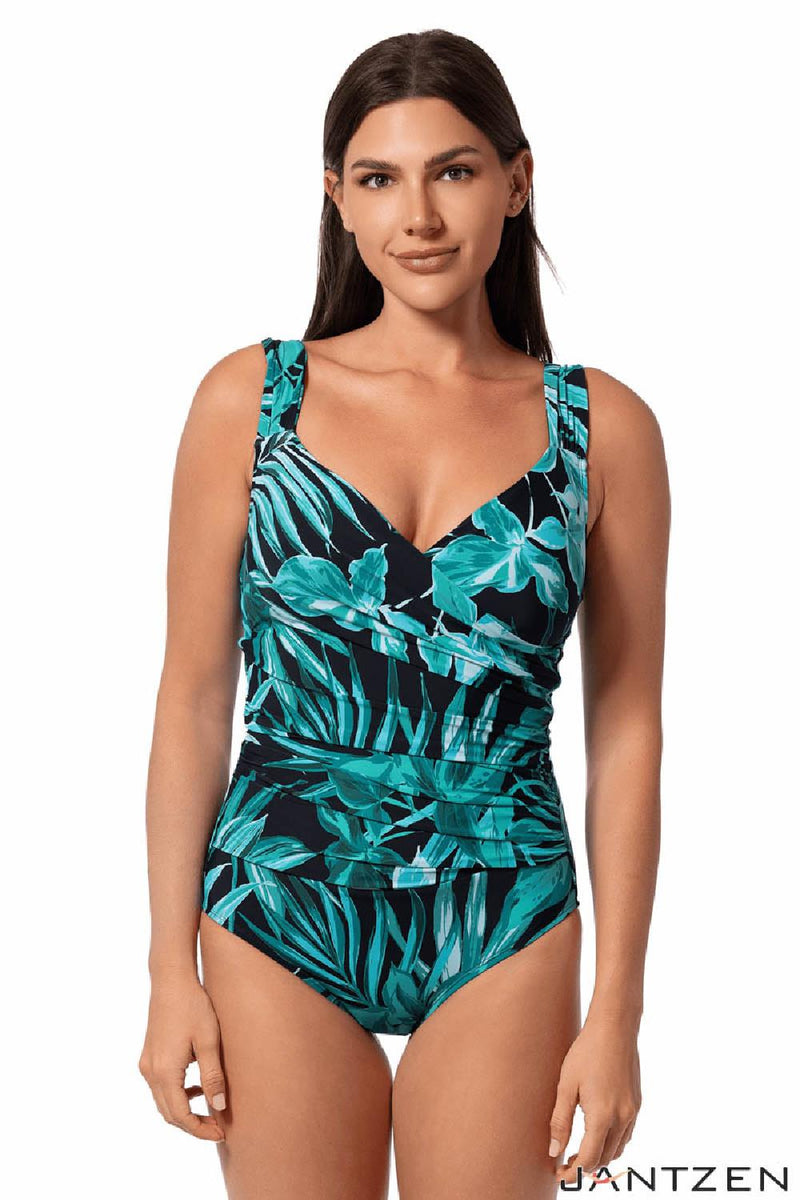 Jantzen Bold Paradise Surplice Mio One Piece Swimsuit, Black (JZ25085M)