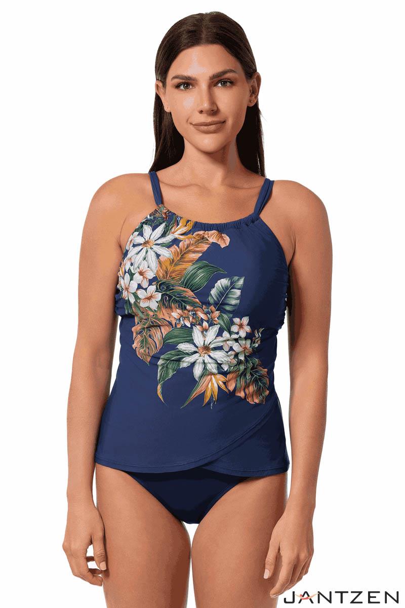 Jantzen Palm Delight Audrey Drape Tankini Top, Panteon Blue (JZ25282T)