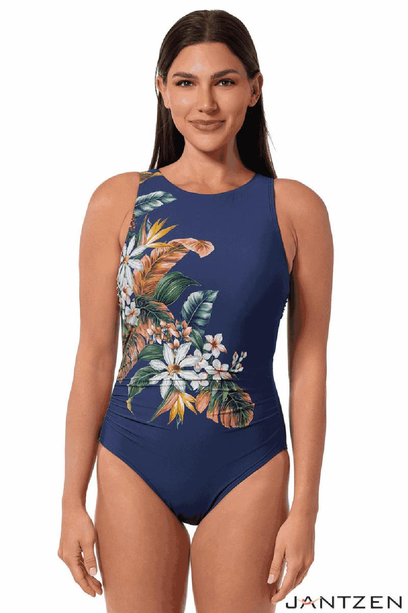 Jantzen Palm Delight Farrah High Neck One Piece Swimsuit, Panteon Blue (JZ25286M)