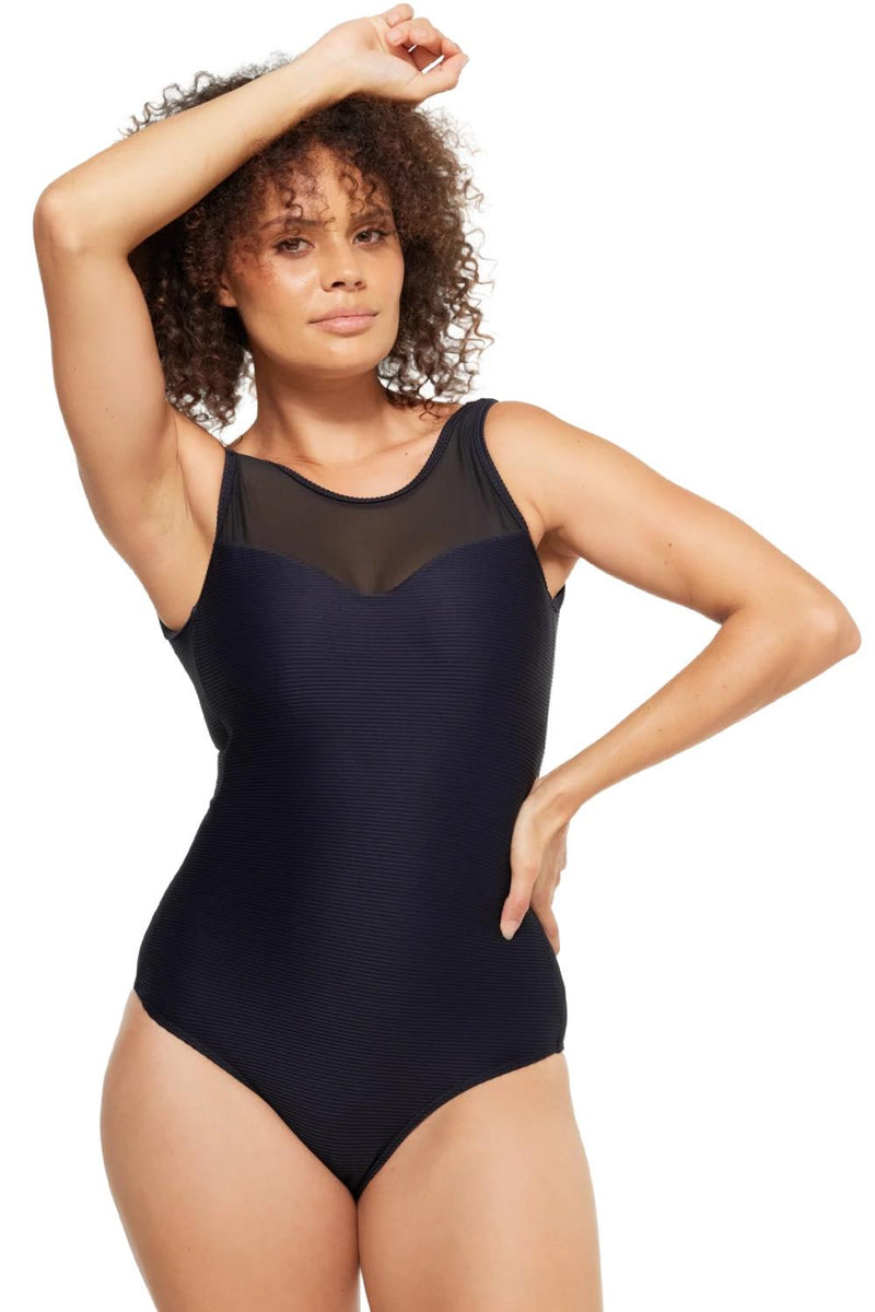 Togs Black Ribbed Texture High Mesh Swimsuit, Black (TB30TH)