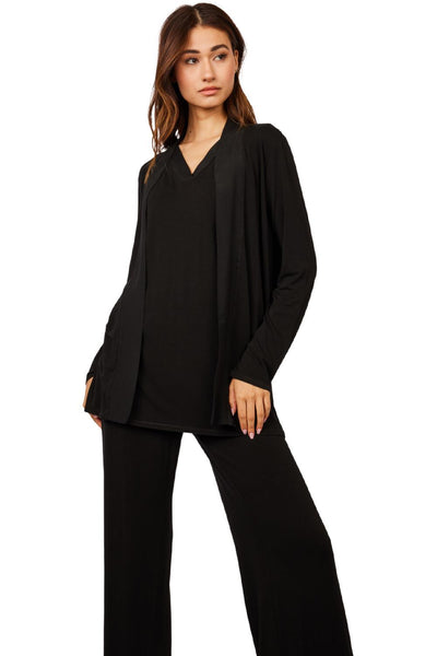 Pistache Viscose Cardigan with Crepe Trim, Black (M1492A)