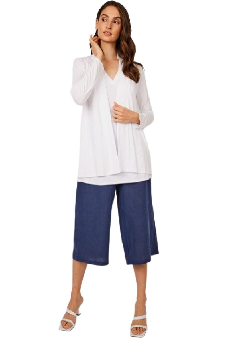 Pistache Viscose Cardigan with Crepe Trim, White (M1492A)