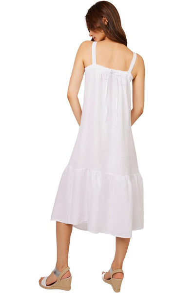 Pistache Sleeveless Linen Dress with Back Bow, White (D218131)