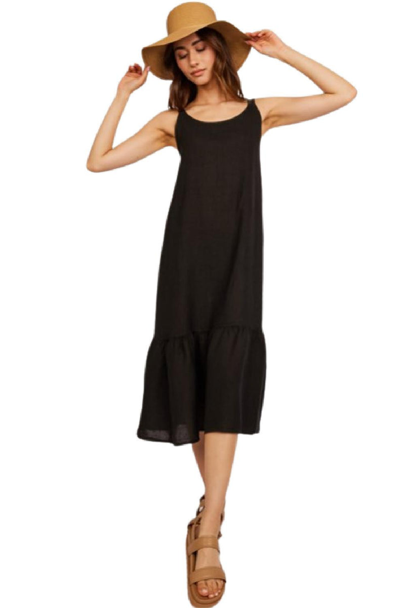 Pistache Sleeveless Linen Dress with Back Bow, Black (D218131)